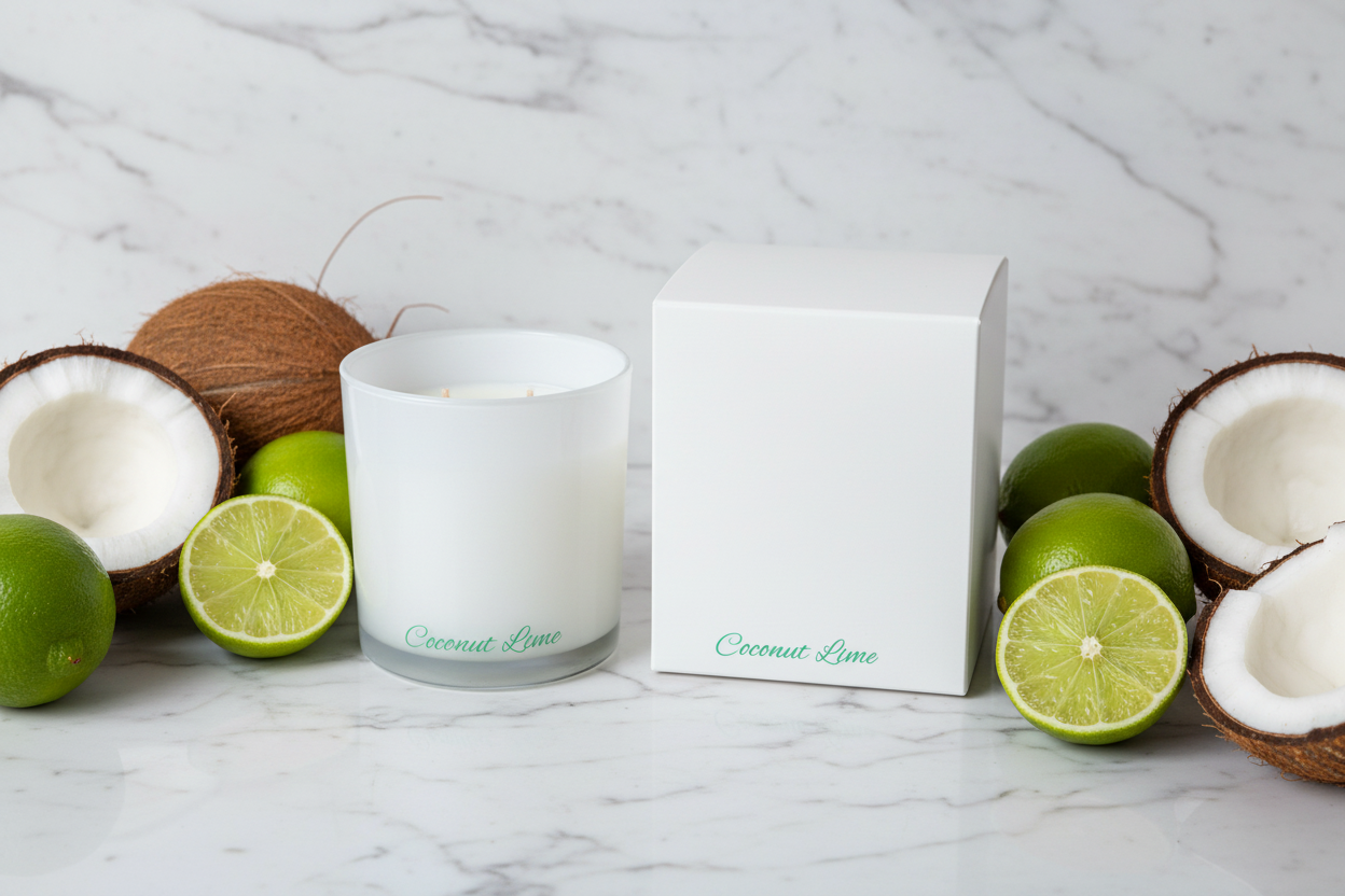 Candle in a glass container with 'Coconut Lime' text next to its white box on a blue background