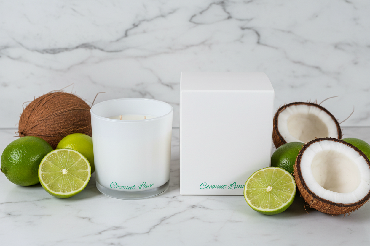 Candle labeled 'Coconut Lime' surrounded by coconuts and limes on a marble surface