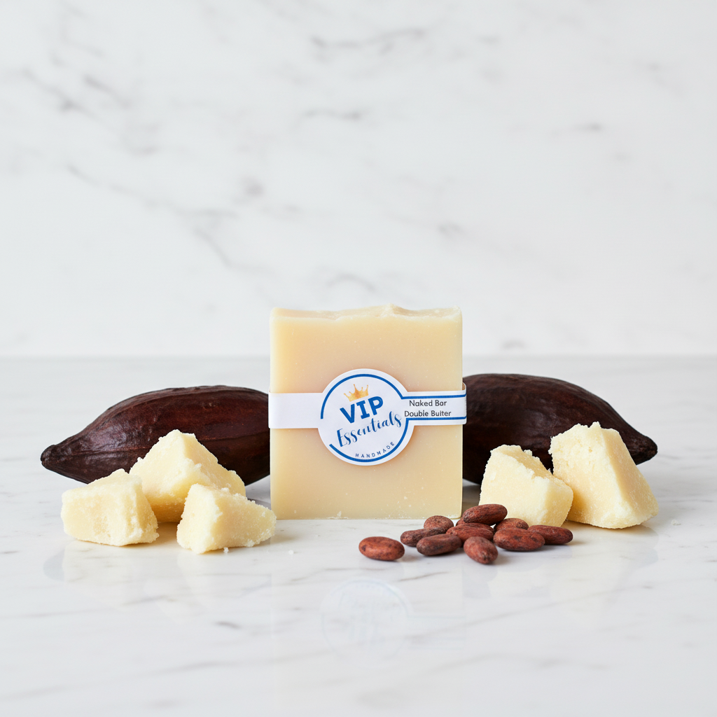Bar of soap with a 'VIP Essentials' label, surrounded by cocoa beans and cacao nibs on a marble background