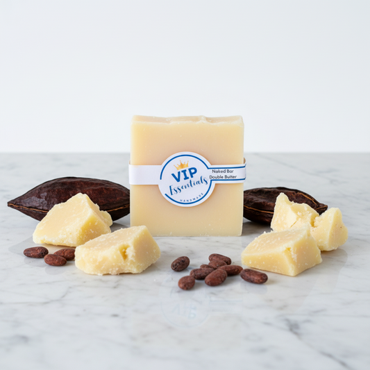 Bar of soap with a label on a marble surface with ingredients