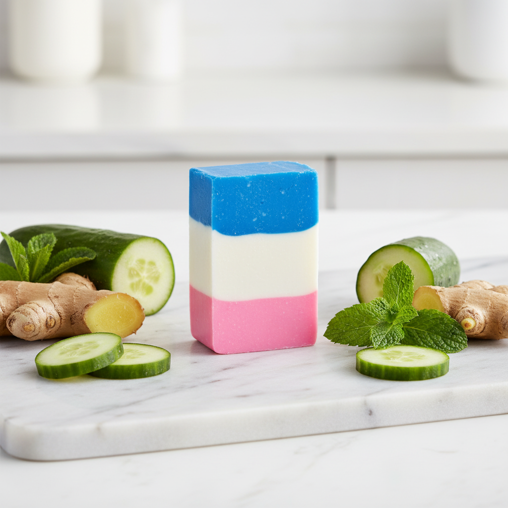 Three-color block (blue, white, pink) on a white background