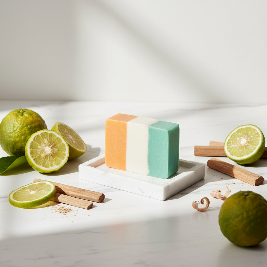 Three-colored soap bar on a white marble soap dish with a white background