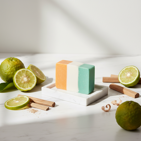 Three-colored soap bar on a white marble soap dish with a white background