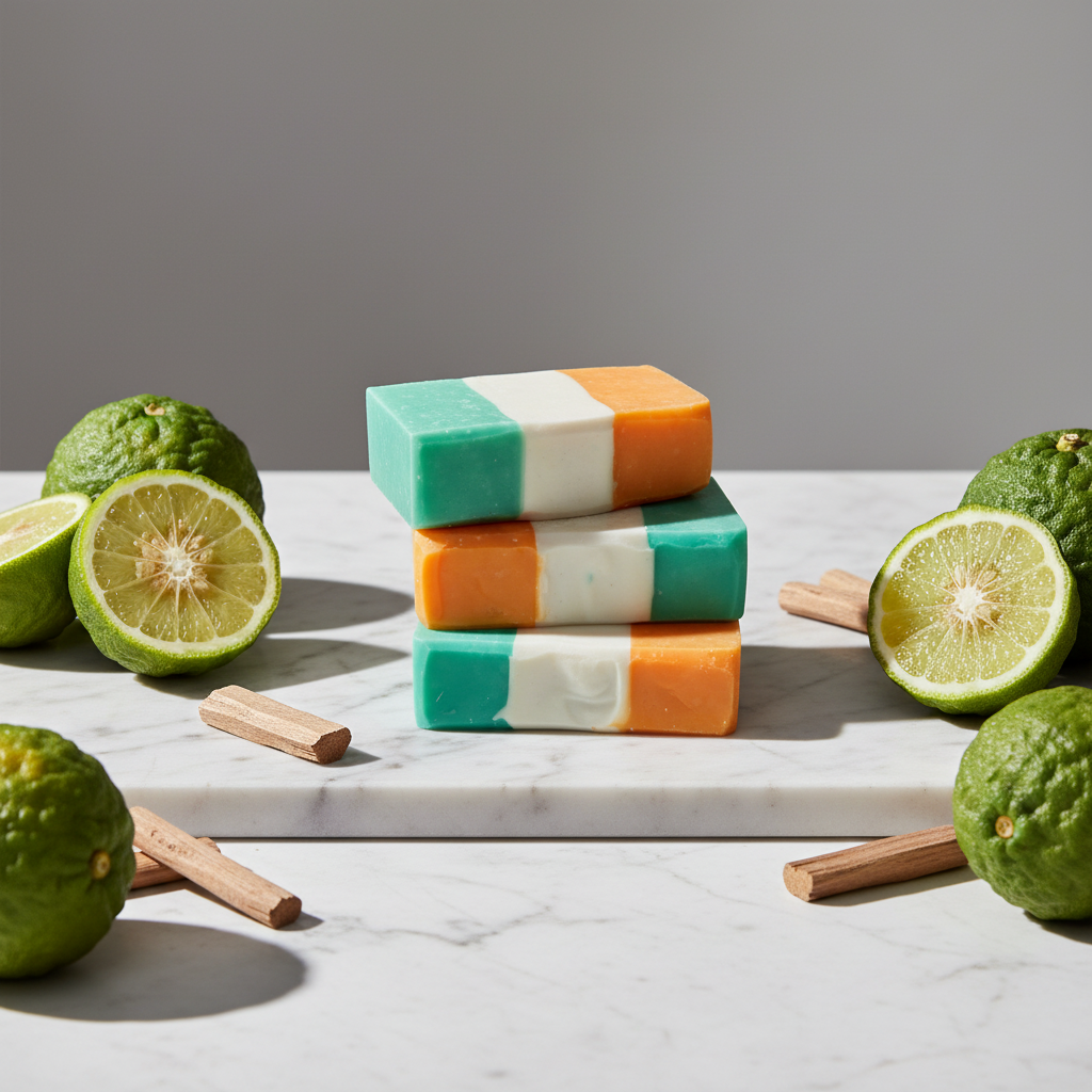 Three striped soap bars in green, orange, and white on a white background