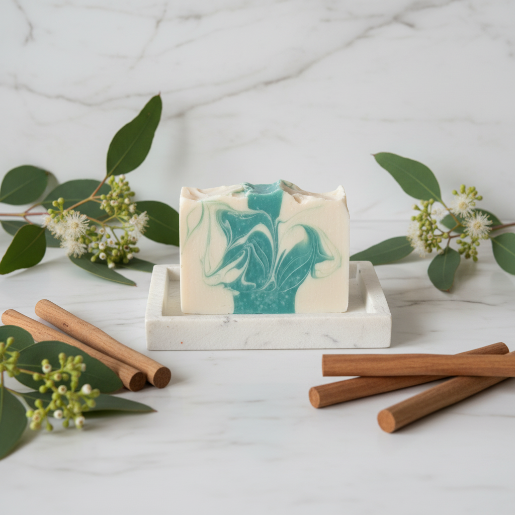 Bar of soap with green design on a white background