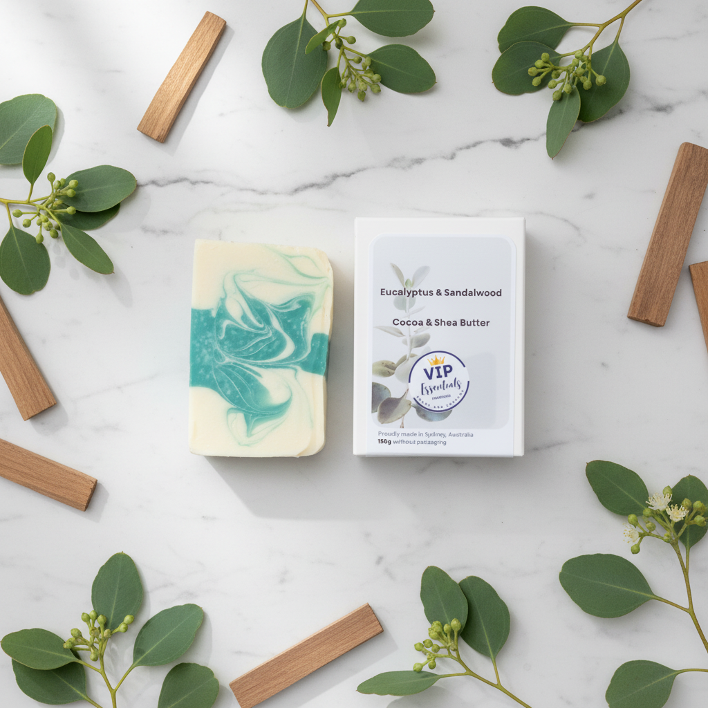 Bar of soap with a packaging box labeled 'VIP Essentials' on a white background