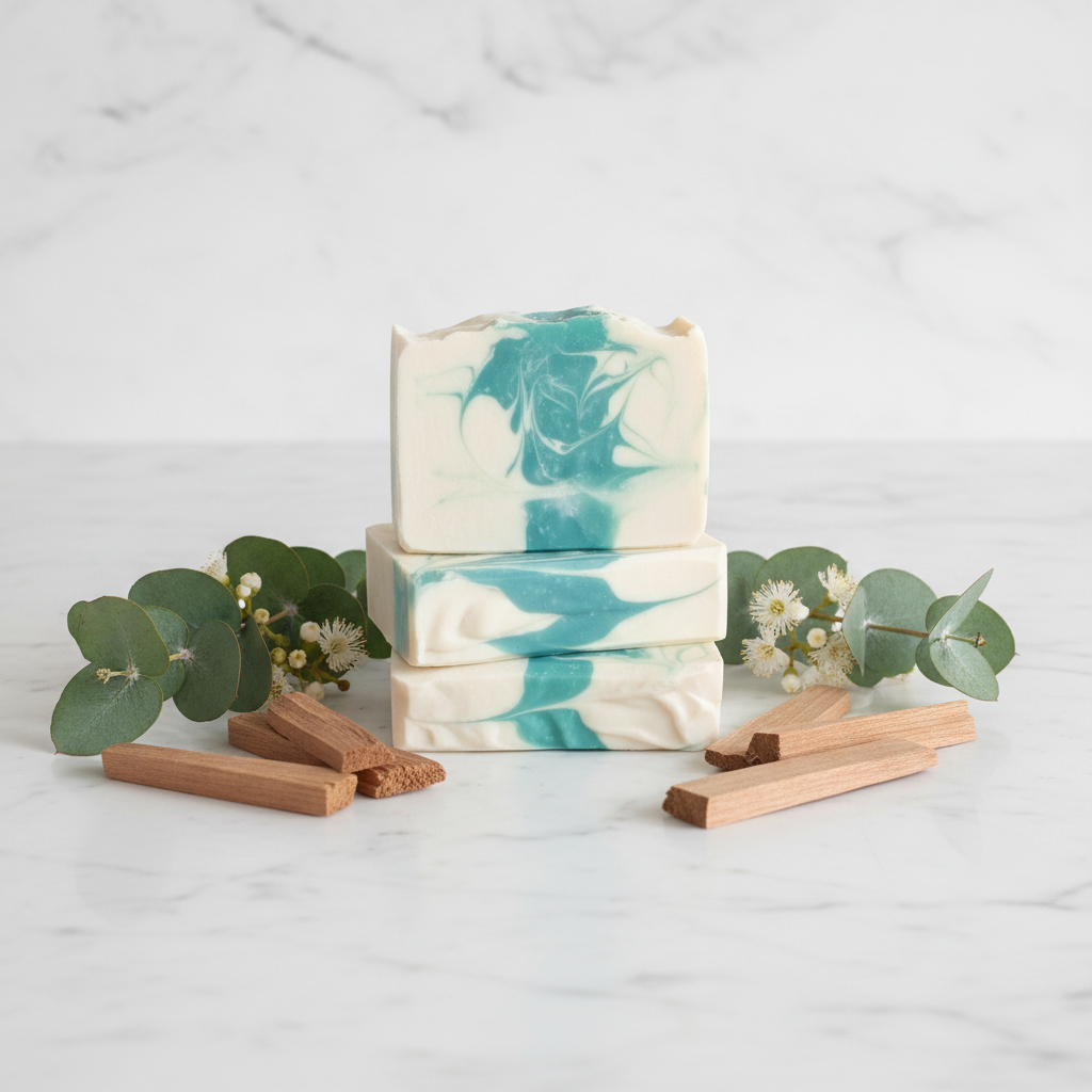 Two swirled soap bars, one on top of the other, on a white background