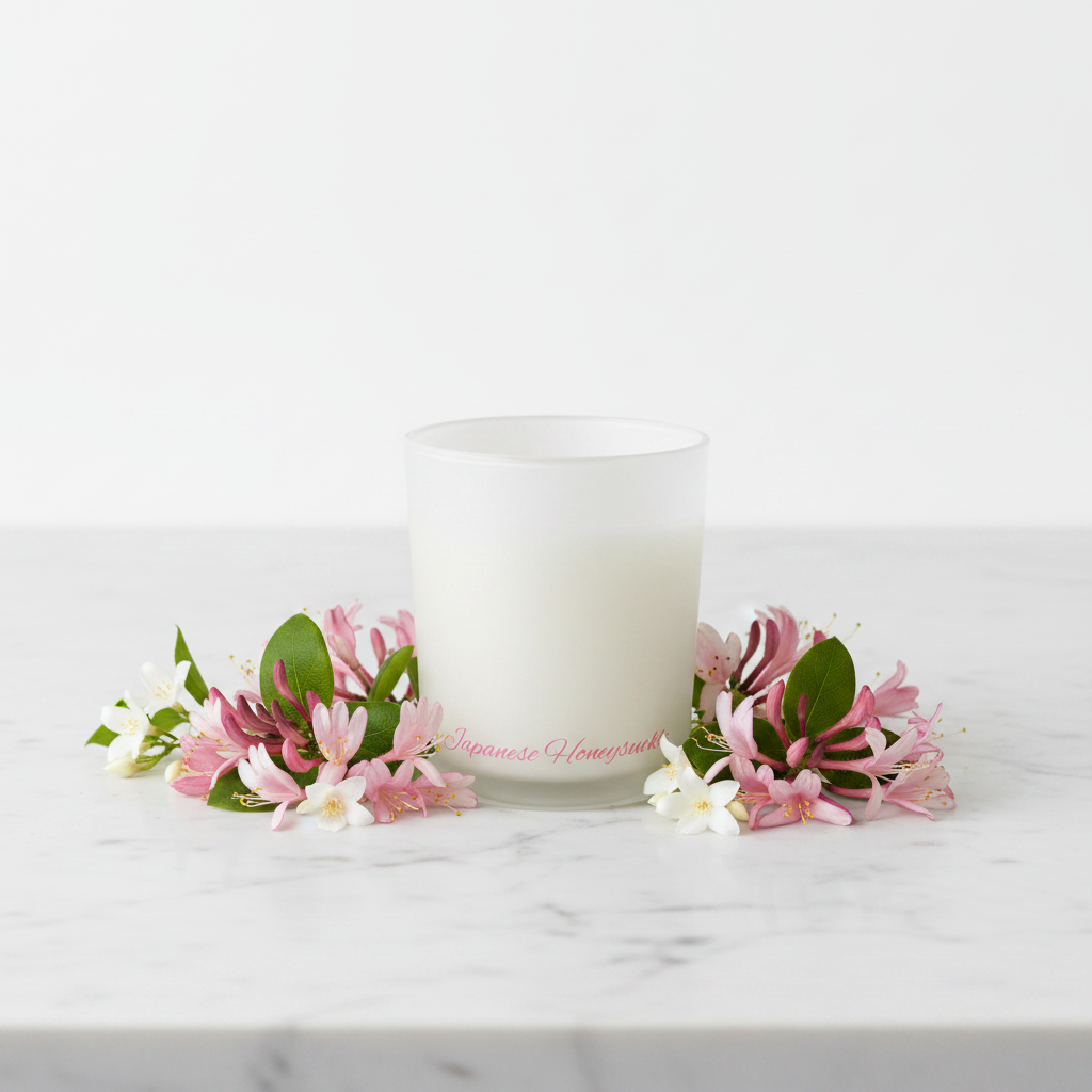 White candle in a glass container with 'Japanese Home' branding on a white background