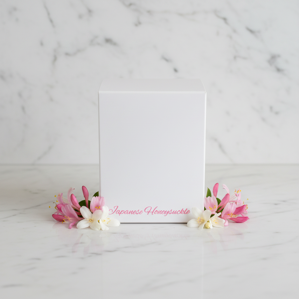 A white rectangular box with rounded top corners, featuring the text 'Japanese Honeysuckle' in pink cursive script near the bottom front, shown on a plain white background.