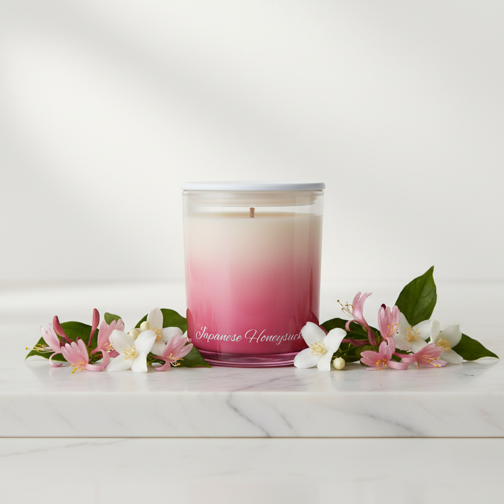 A glass jar candle with a white lid, featuring a pink gradient wax design that fades from light cream at the top to a deep rose pink at the bottom. The scent name 'Japanese Honeysuckle' is printed in white script on the lower front.
