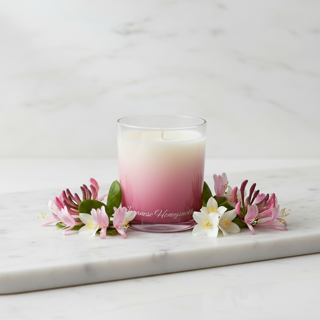 An ombre gradient glass jar candle with a white wax top fading into a deep pink and dark red base, featuring the text 'Because Honeycomb' in white script near the bottom.