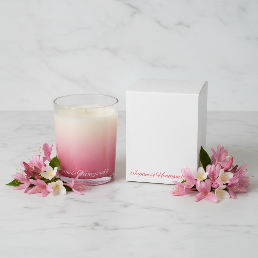 An ombre glass jar candle with cream wax at the top fading into a deep pinkish-red at the bottom, shown next to its plain white box on a white background.