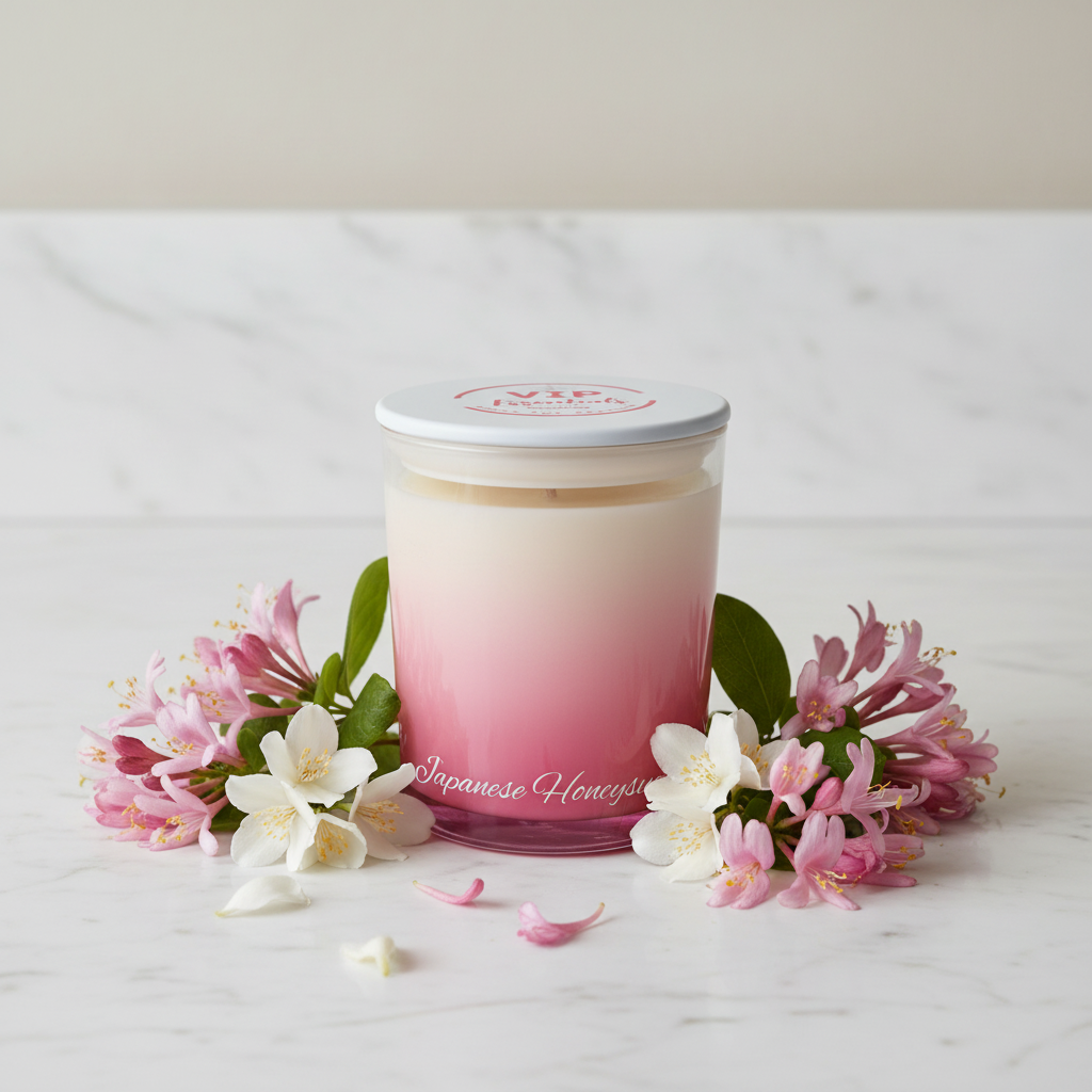 A jar candle with a cream-to-pink gradient wax, featuring a white lid with a red 'VIP Essentials' logo and 'Japanese Honeybloom' text near the base.