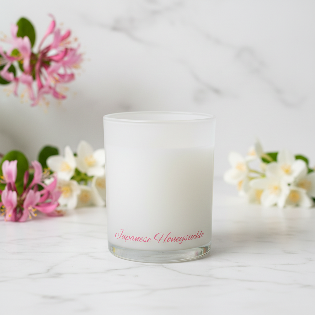 Frosted glass candle with 'Japanese Honeysuckle' text on a white background