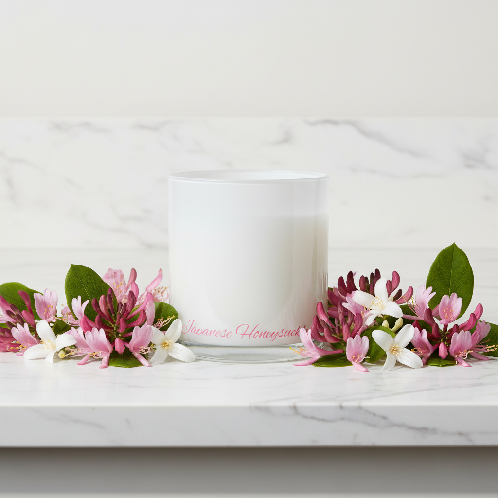 Clear glass candle with 'Japanese Honeysuckle' text on a white background