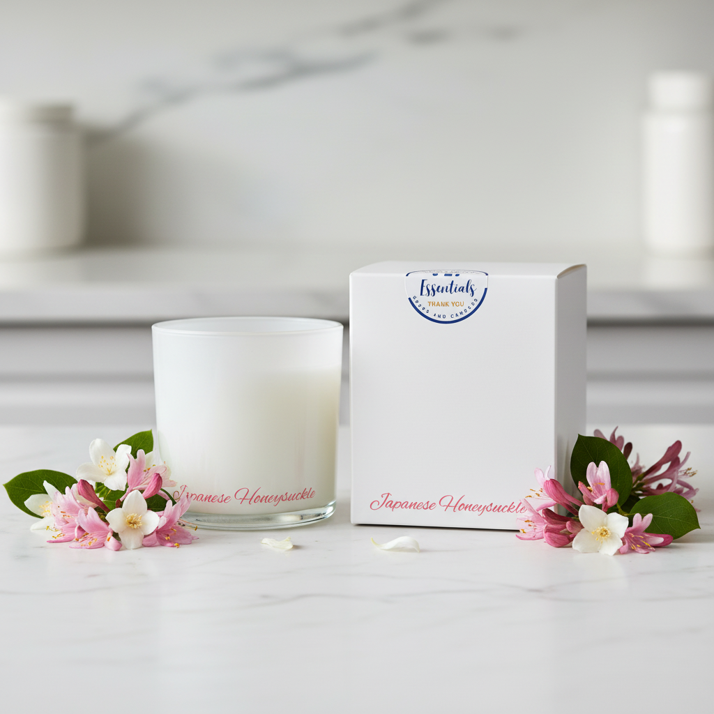Candle labeled 'Japanese Honeysuckle' with a matching packaging box on a white background