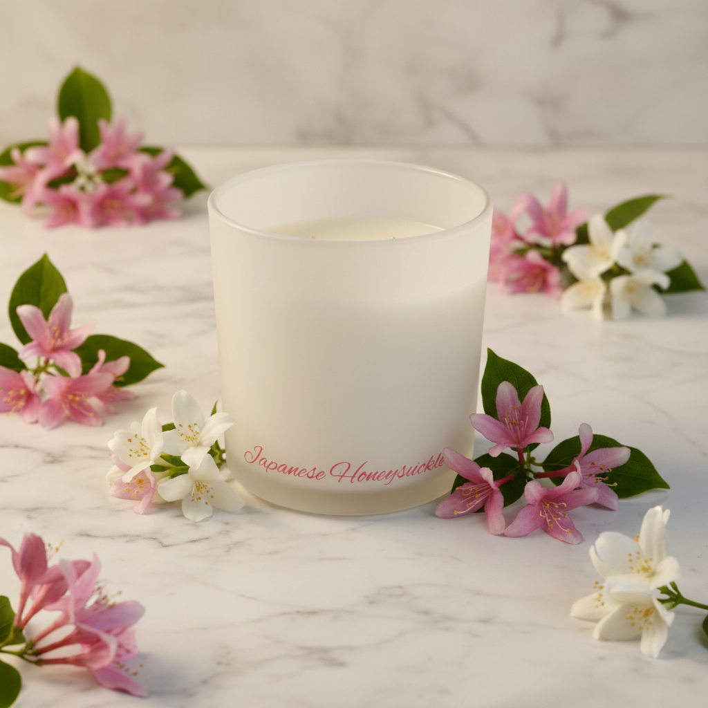 White candle in a glass container with 'Japanese Almond' text on a white background