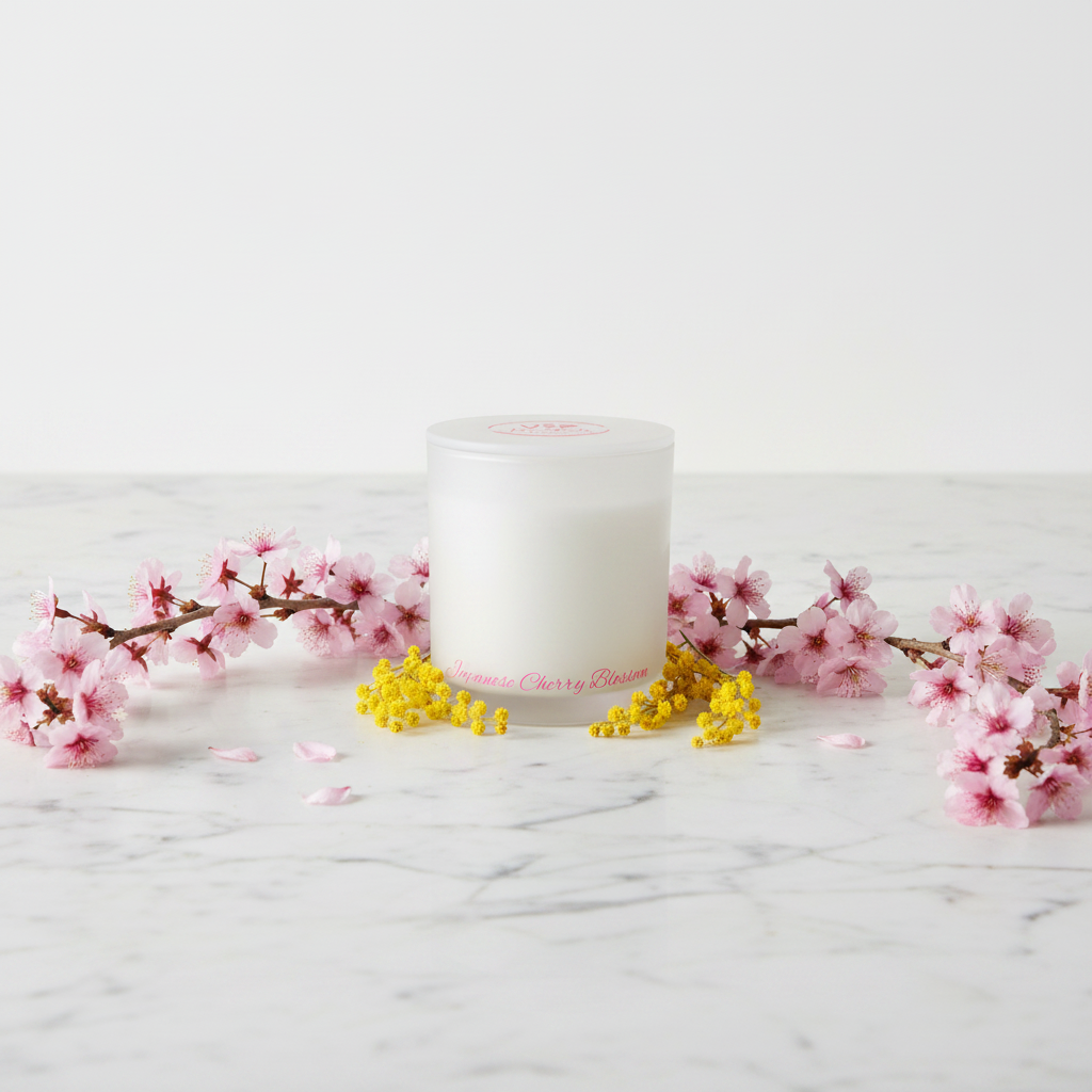 A frosted glass jar candle with a matching lid, featuring pink cursive text reading 'Immense Cherry Blossom' near the base and on the lid.