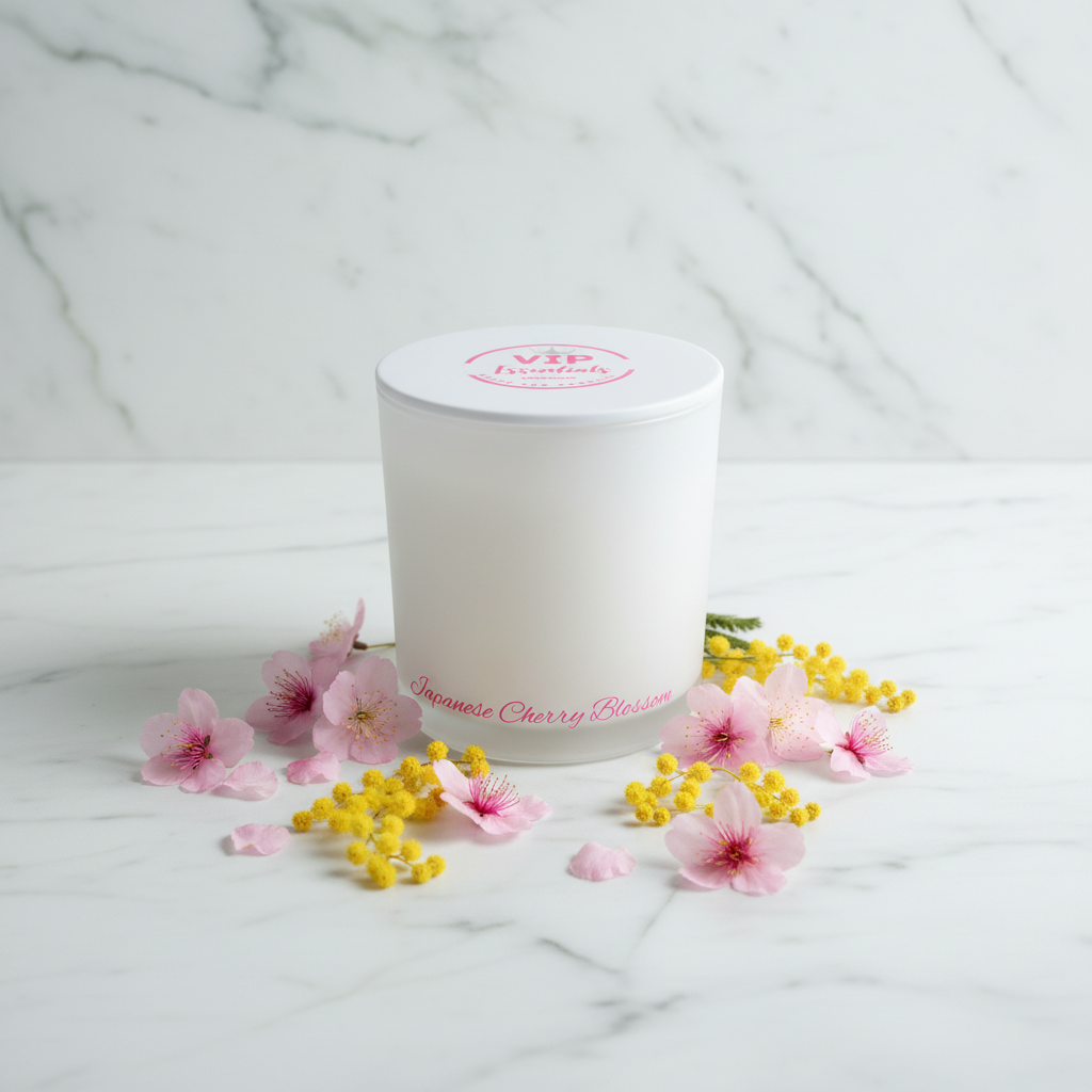 A frosted glass jar candle with a matching lid, featuring pink printed text reading 'The VIP experience' on the lid and 'Japanese Cherry Blossom' near the base, set against a plain white background.