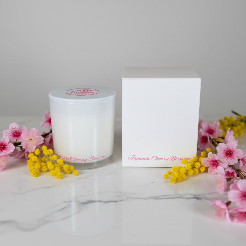 A frosted white cylindrical bottle with a matching white box, both featuring pink text that reads 'VIP Flower Shop' and 'Japanese Cherry Blossom' on a plain white background.