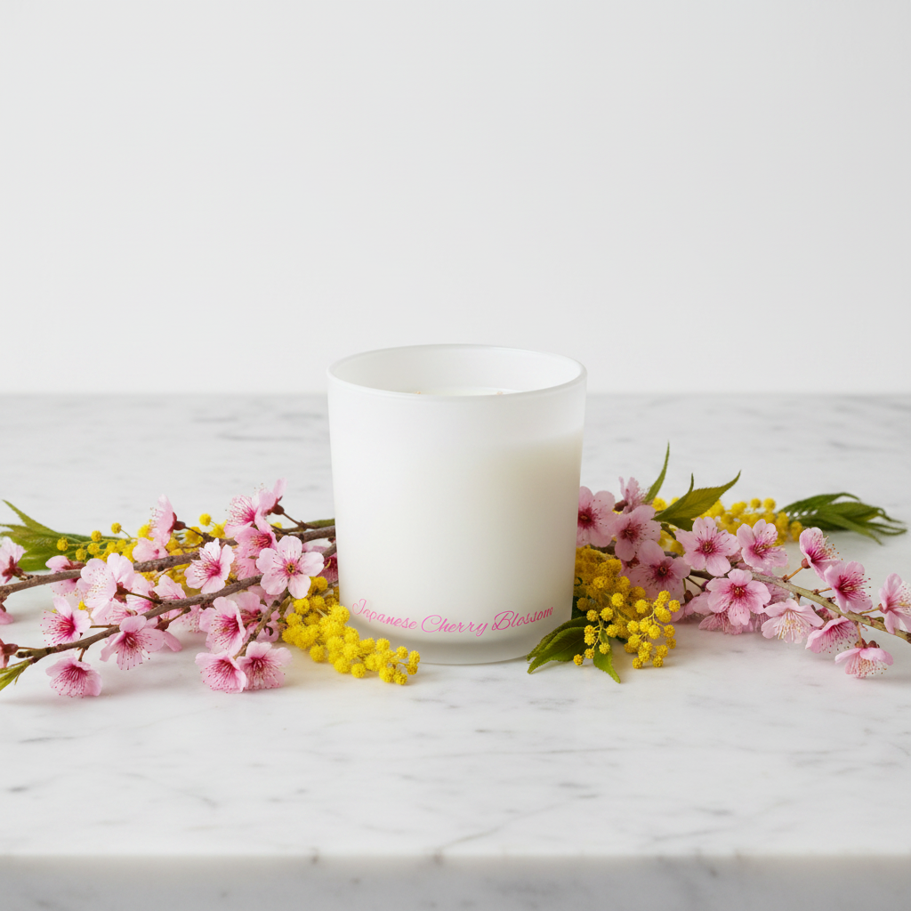 A white double-wick candle in a frosted glass jar with pink cursive text near the base reading 'Jasmine Cherry Blossom'.