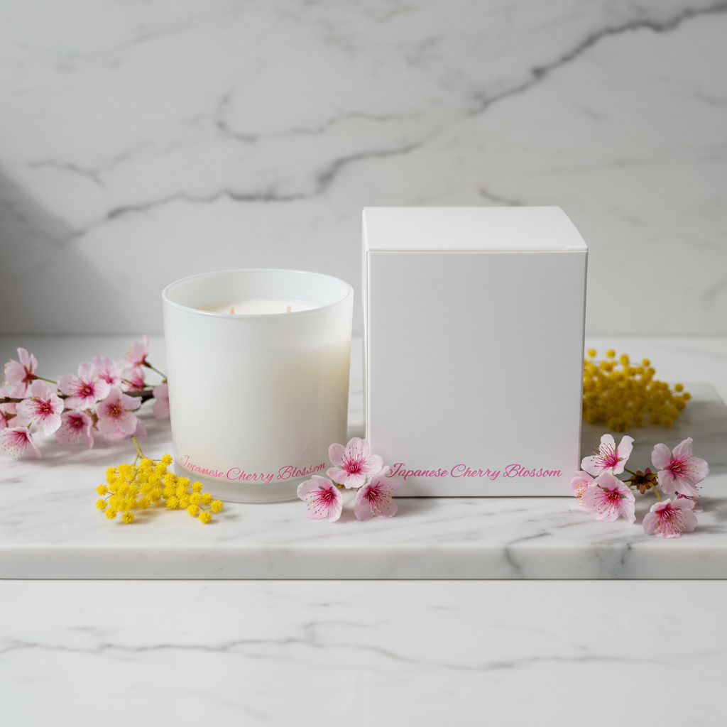 A white glass jar candle with two wicks next to its white rectangular box, both featuring pink script text reading 'Japanese Cherry Blossom' on a plain white background.