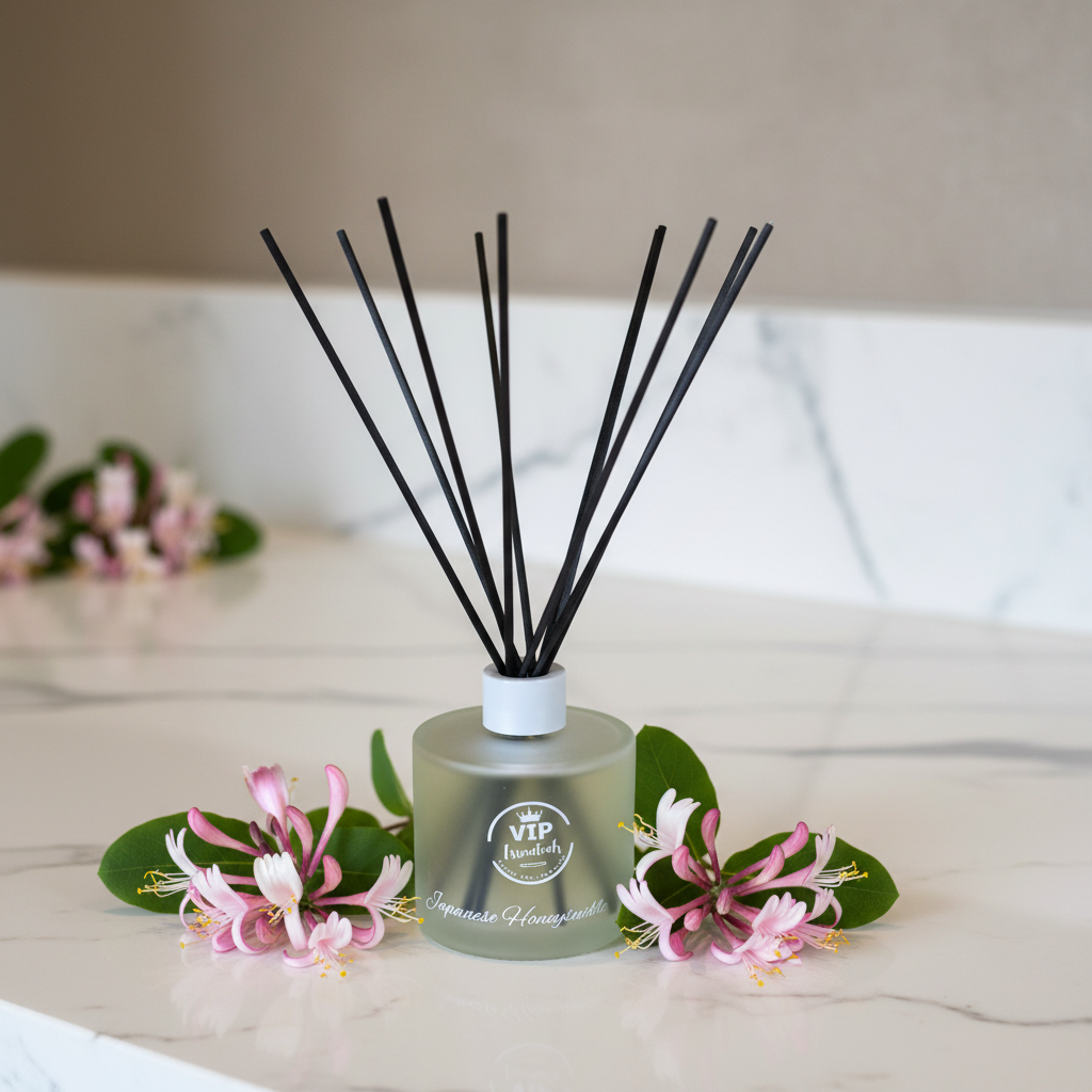 Reed diffuser with black sticks in a clear bottle on a blue background
