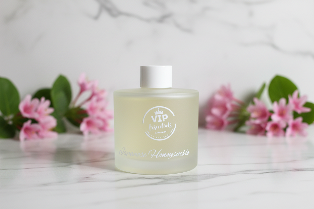 Bottle of Japanese Honeysuckle perfume with 'VIP Assouk' branding on a blue background