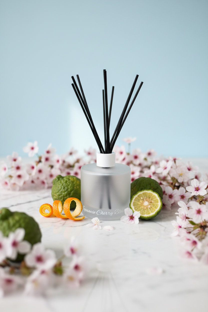 A reed diffuser bottle with a frosted translucent body and black reeds, shown on a solid bright blue background. The bottle has white text near the bottom that reads 'Violette Cherry Blossom'.