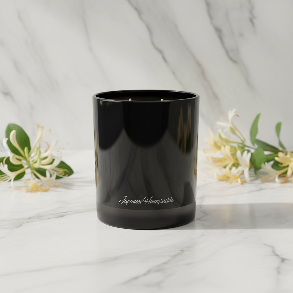 Black candle jar with a white candle inside on a white background