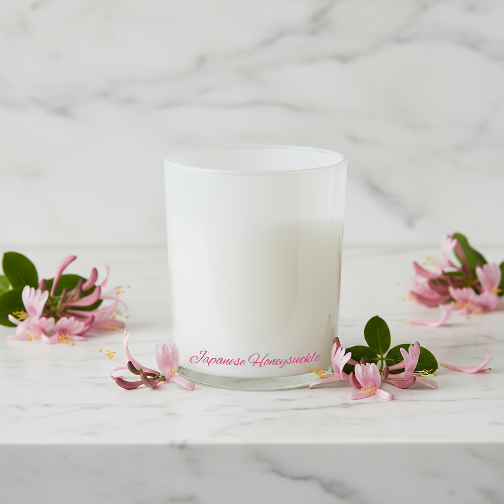 Candle labeled 'Japanese Honeysuckle' with pink flowers on a marble surface