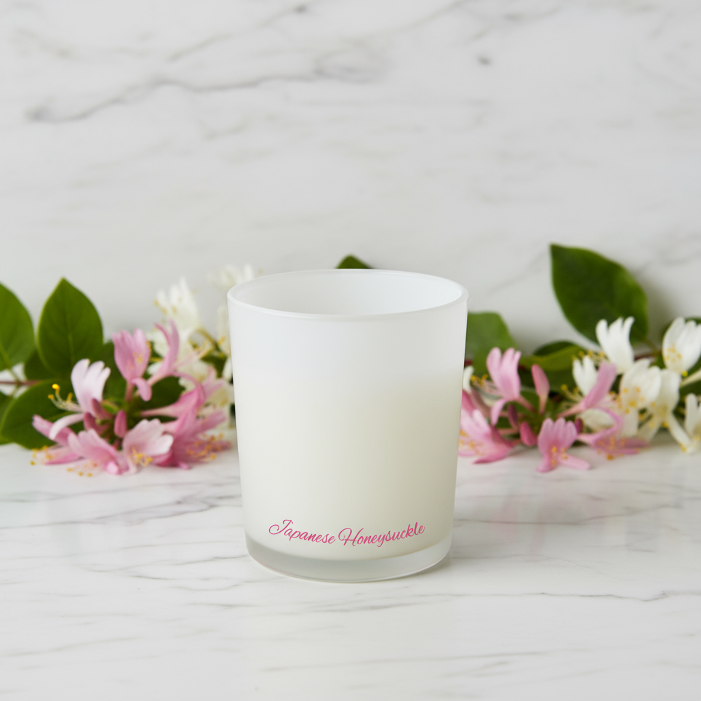 White candle with 'Japanese Honeysuckle' text on a blue background