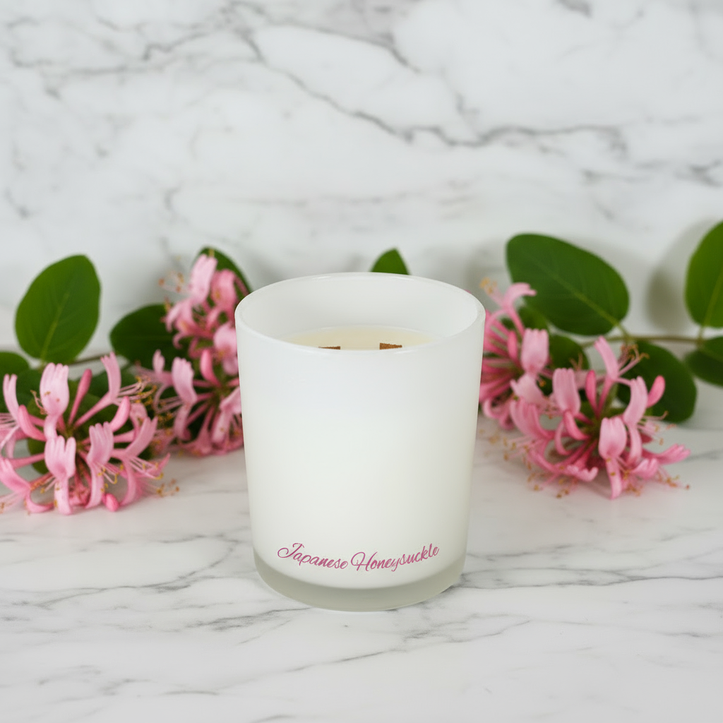 White candle with 'Japanese Honeysuckle' label on a marble surface with honeysuckle flowers.