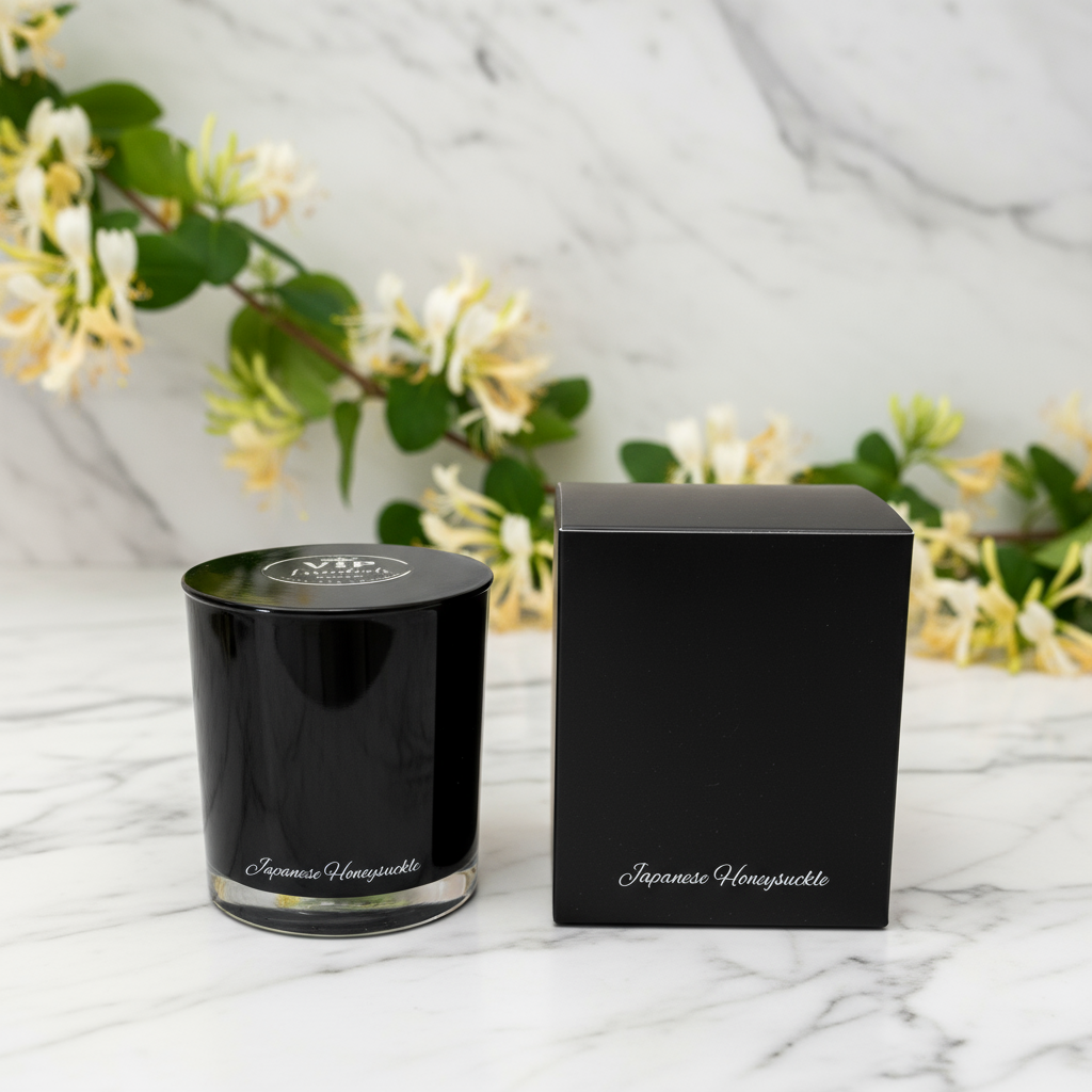 Black candle and box labeled 'Japanese Honeysuckle' on a marble surface with floral background