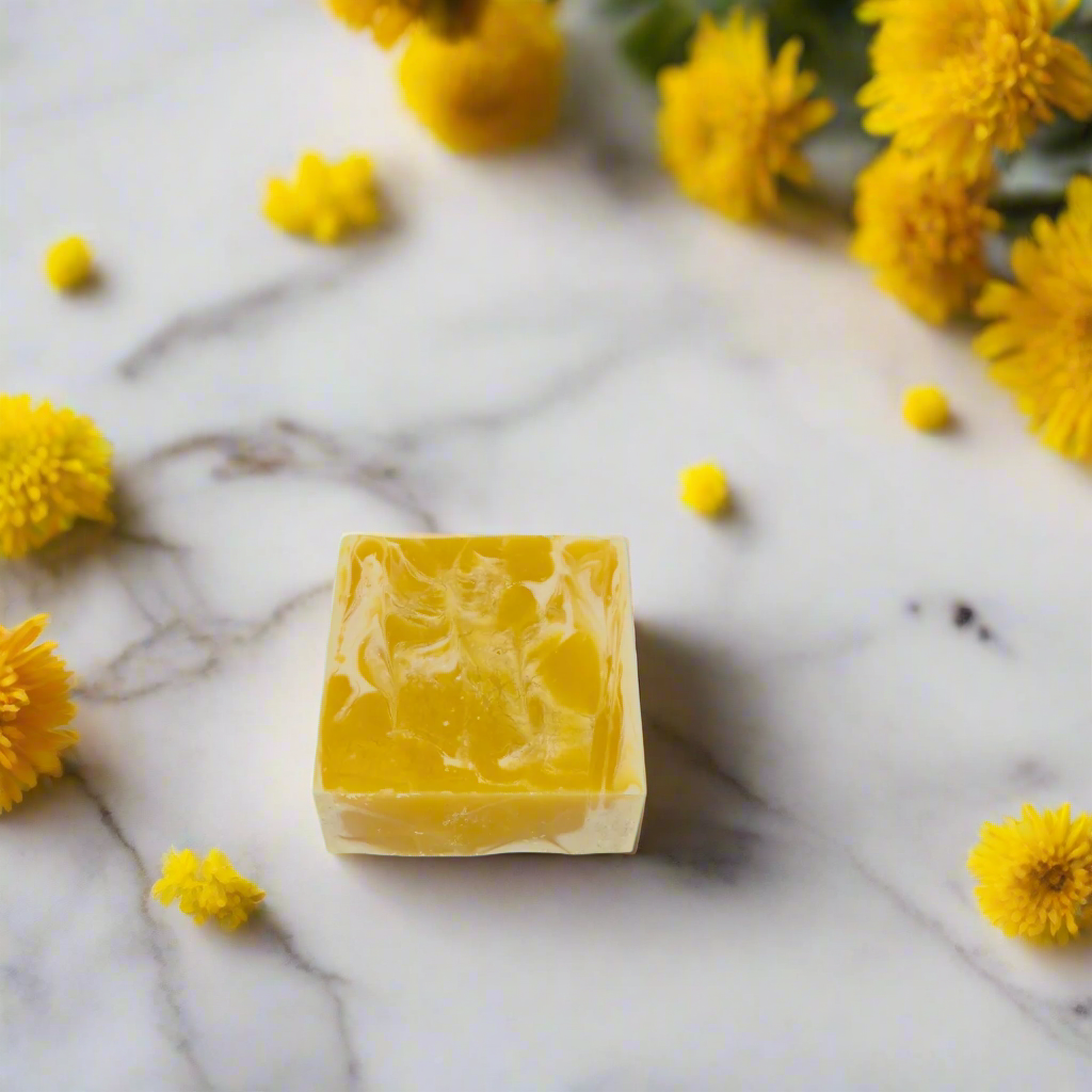 Yellow soap bar on a blue background