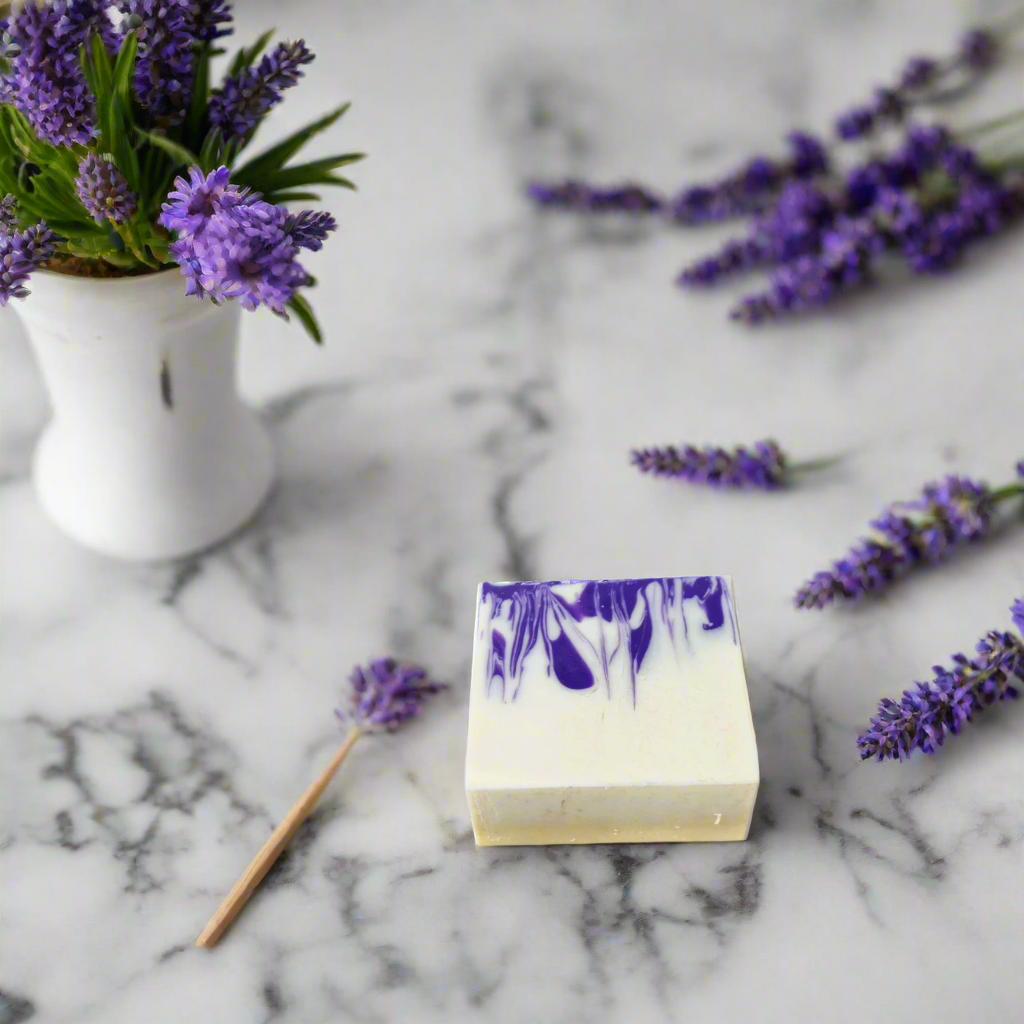 Bar of soap with purple design on a marble surface with lavender flowers