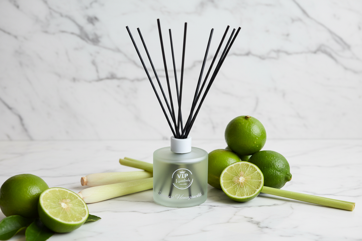 Reed diffuser with lime and lemon elements on a marble background