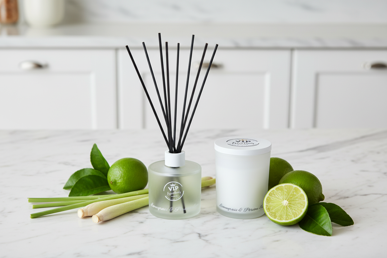 Reed diffuser set with black sticks in a clear bottle and white container on a blue background