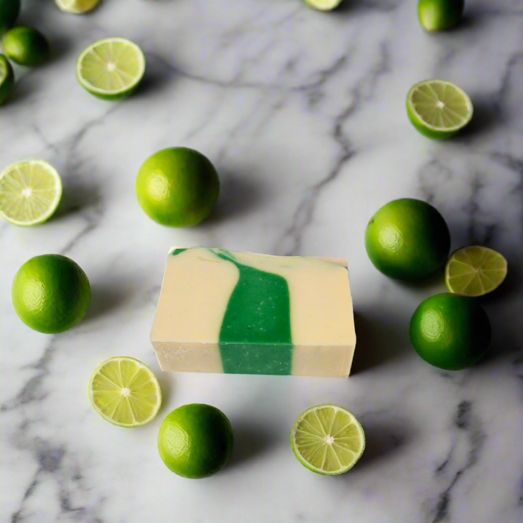 Rectangular bar of soap with green and beige stripes on a blue background