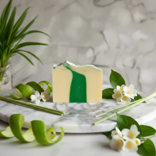 Bar of soap with green and beige stripes on a marble surface with a plant in the background
