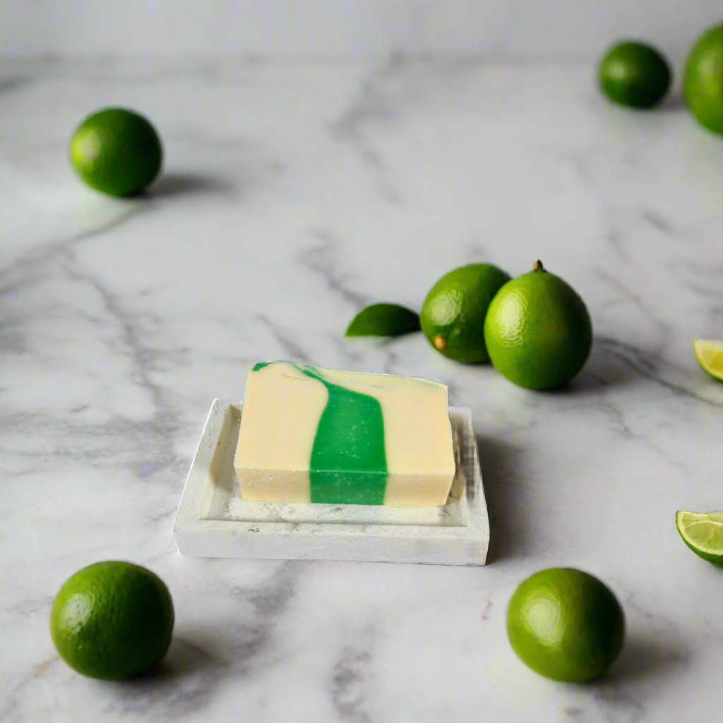 Bar of soap with green swirl on a white soap dish against a blue background