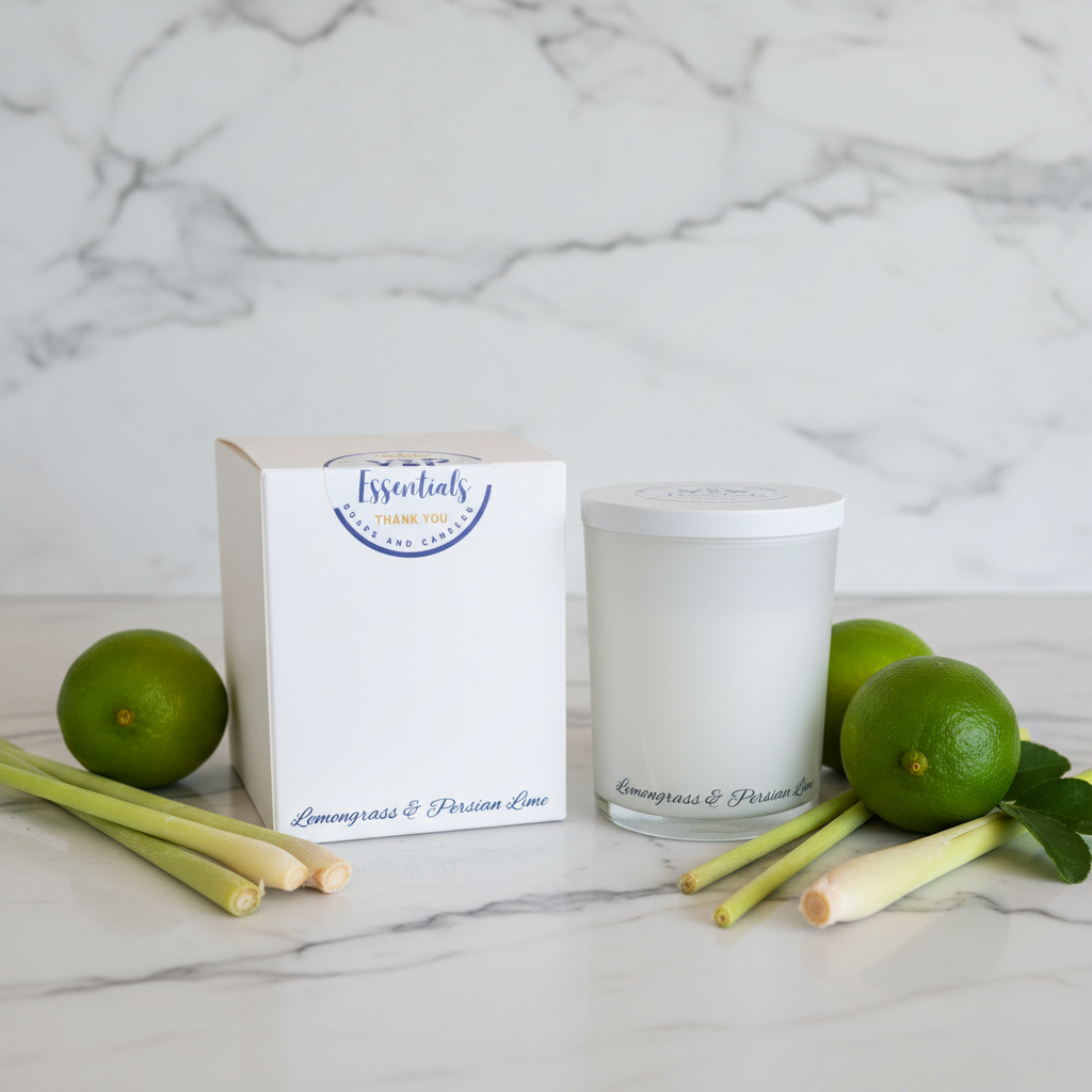 Frosted glass candle with box on a blue background