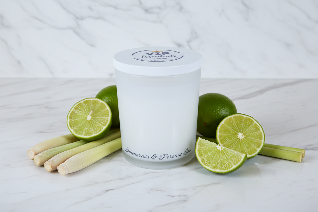White candle in a glass container with a lid on a blue background