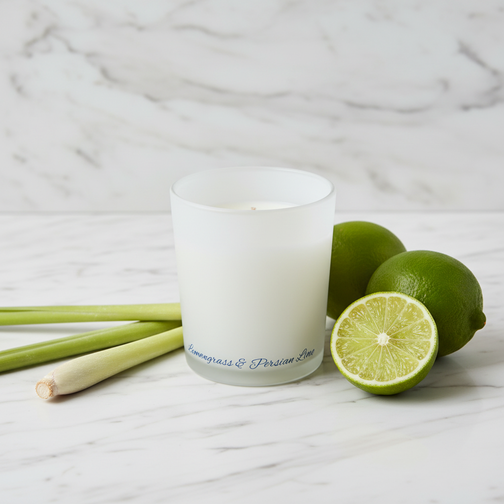 White candle in a glass container on a blue background