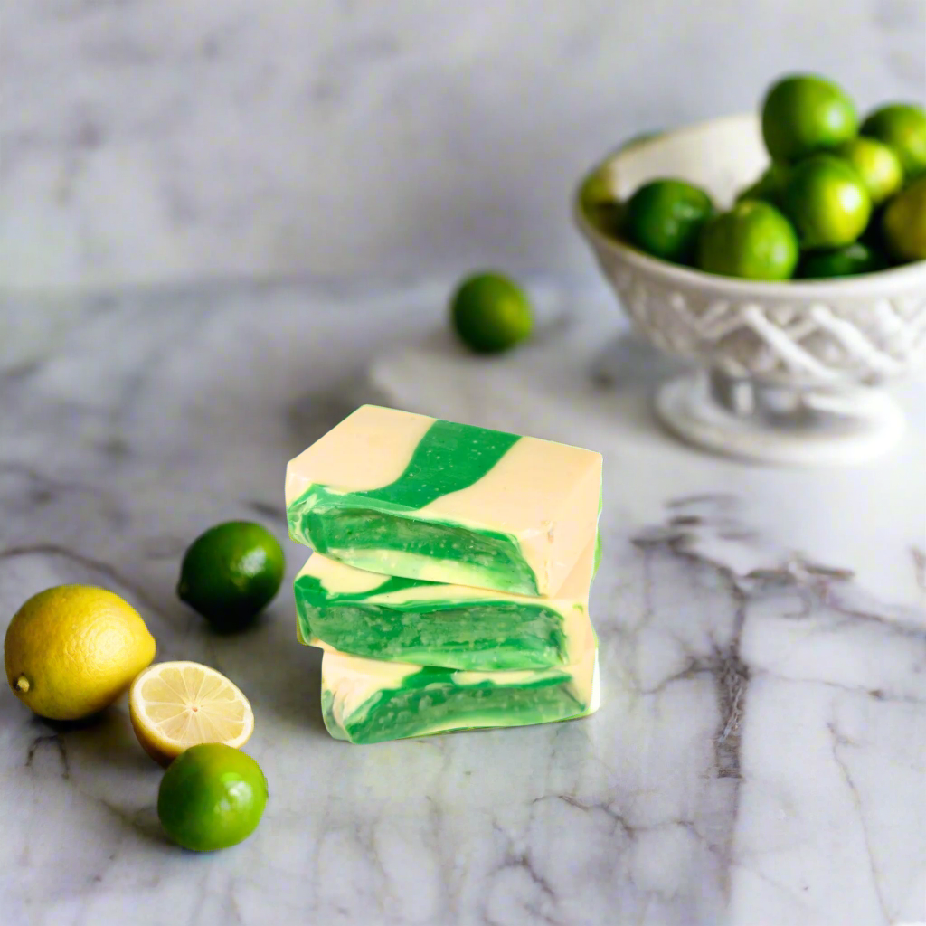 Green and beige striped bar of soap on a blue background