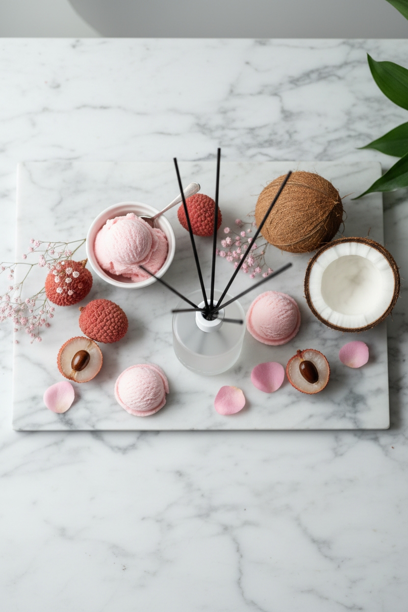 A styled flat-lay of a reed diffuser with black reeds on a white glass base, arranged on a white marble board with pink macarons, pink ice cream scoops, lychee fruits, a halved coconut, and pink petals on a white marble surface.