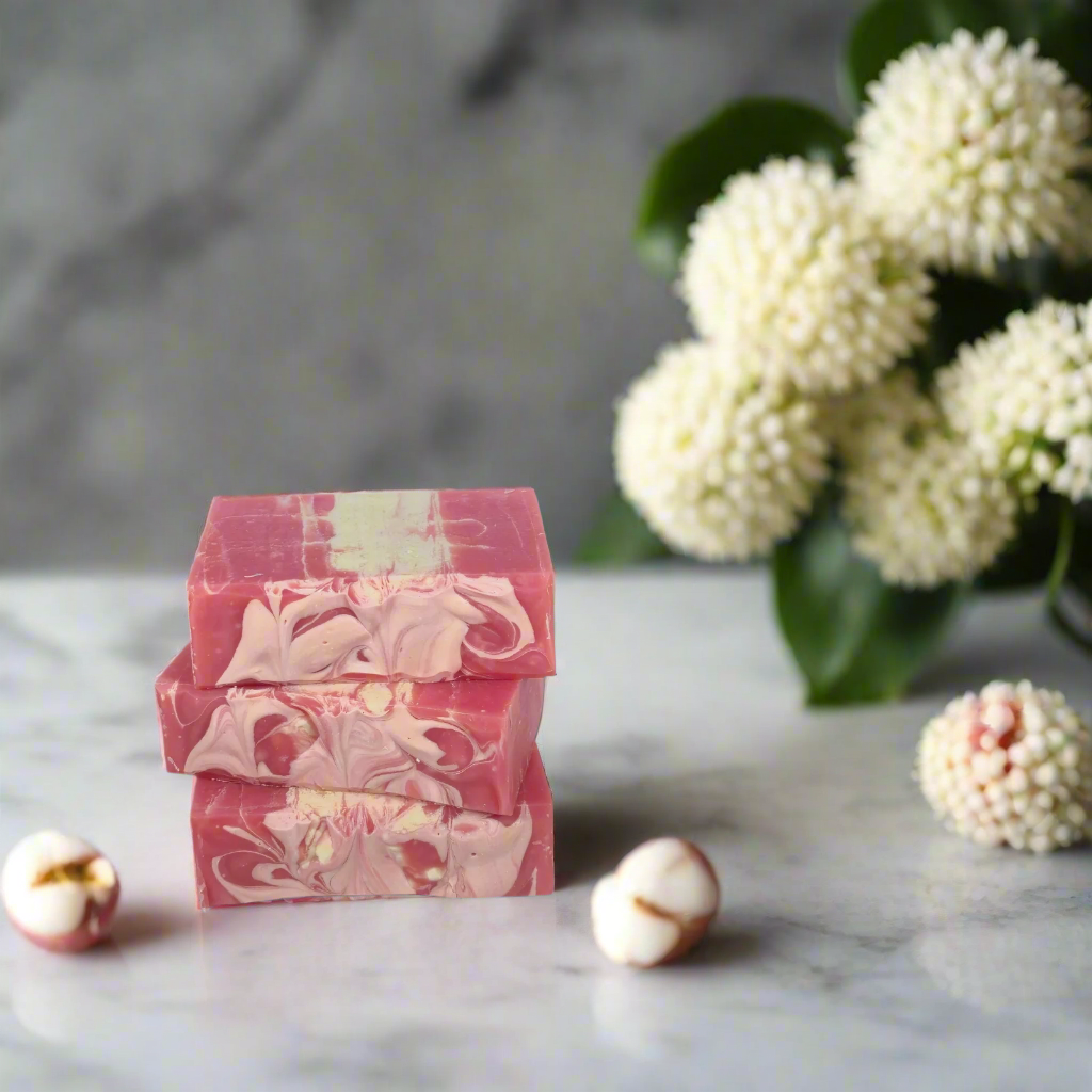 Stack of pink and white marbled soap bars on a blue background