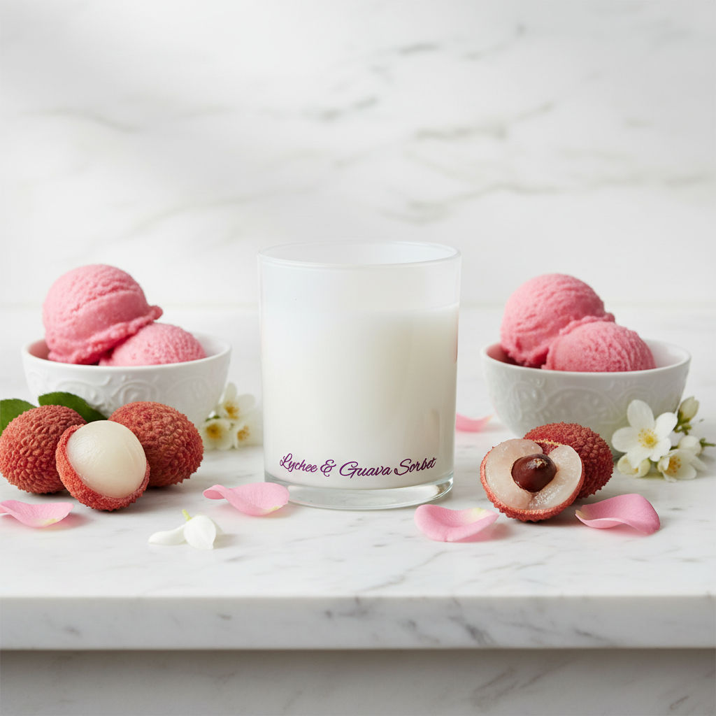 Glass container with 'Lychee & Guava Sorbet' text on a blue background
