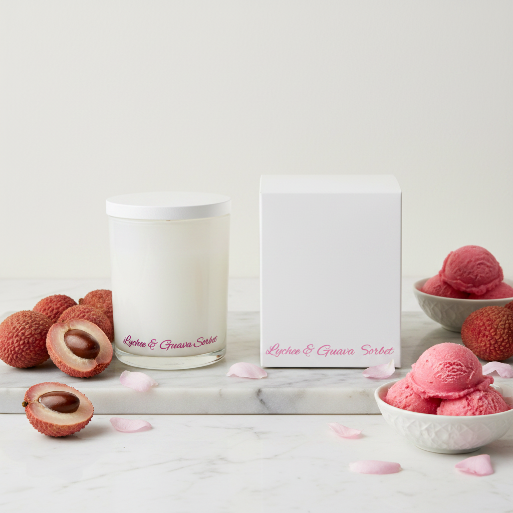 White candle jar and box with 'Litchi & Guava Sorbet' text on a white background