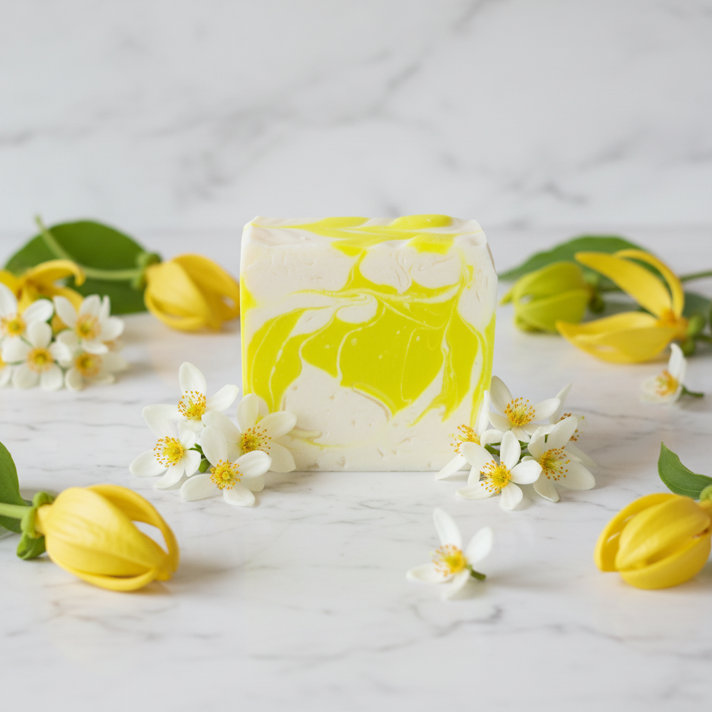 Marbled soap bar with yellow and white design on a white background